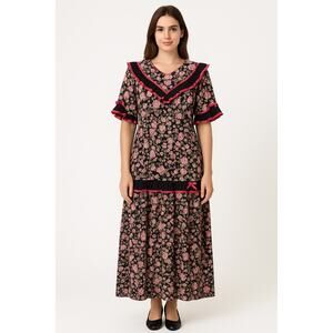 1980s Malumi Hawaii Floral Prairie Dress Pink Roses Ruffle Trim Size Large